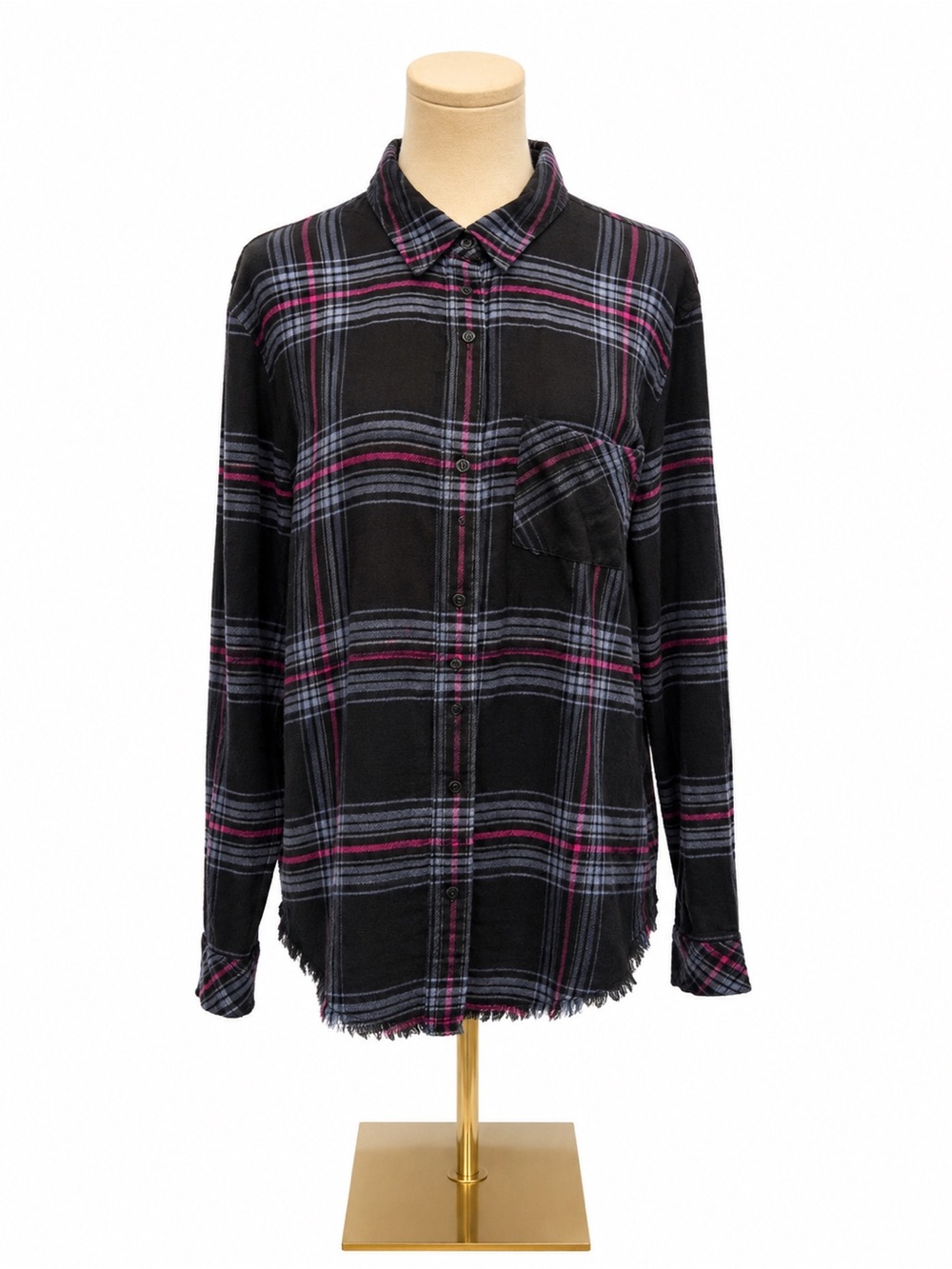 Rails Large Black Plaid Button Down Shirt Pink Blue Raw Hem Rayon Cotton